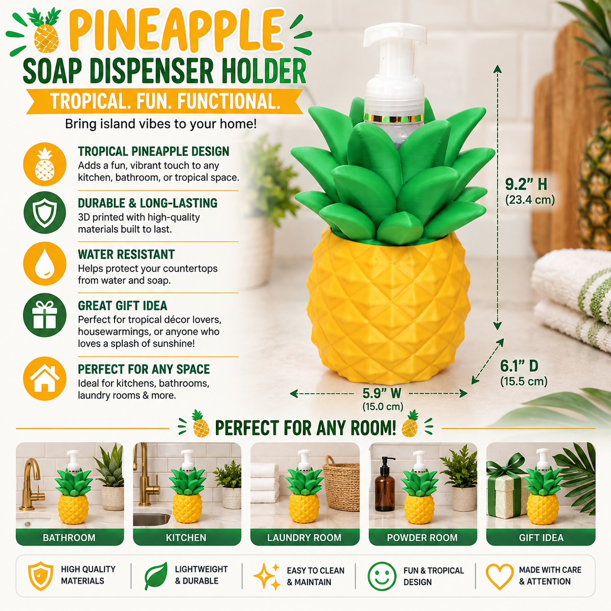 Pineapple Foaming Soap Bottle Holder – Cute 3D Printed Gold Pineapple with Diamond Texture and Green Leaf Crown – Bath and Body Works Foaming Soap Dispenser Stand – Tropical Beach Summer Bathroom Kitchen Counter Decor – Pineapple Lover Coastal Gift