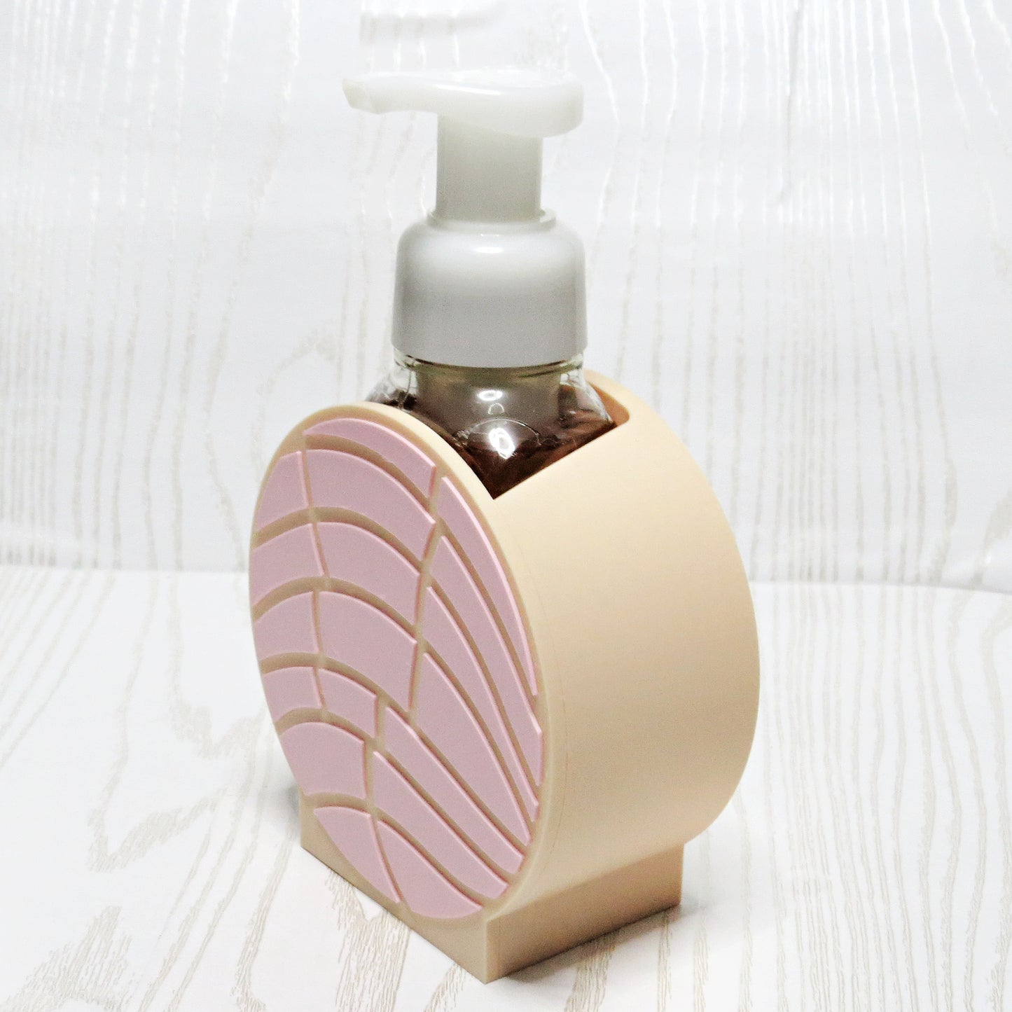 Pink Concha Foaming Soap Holder for Bath and Body Works - Pan Dulce Sink Decor - top view showing pump opening