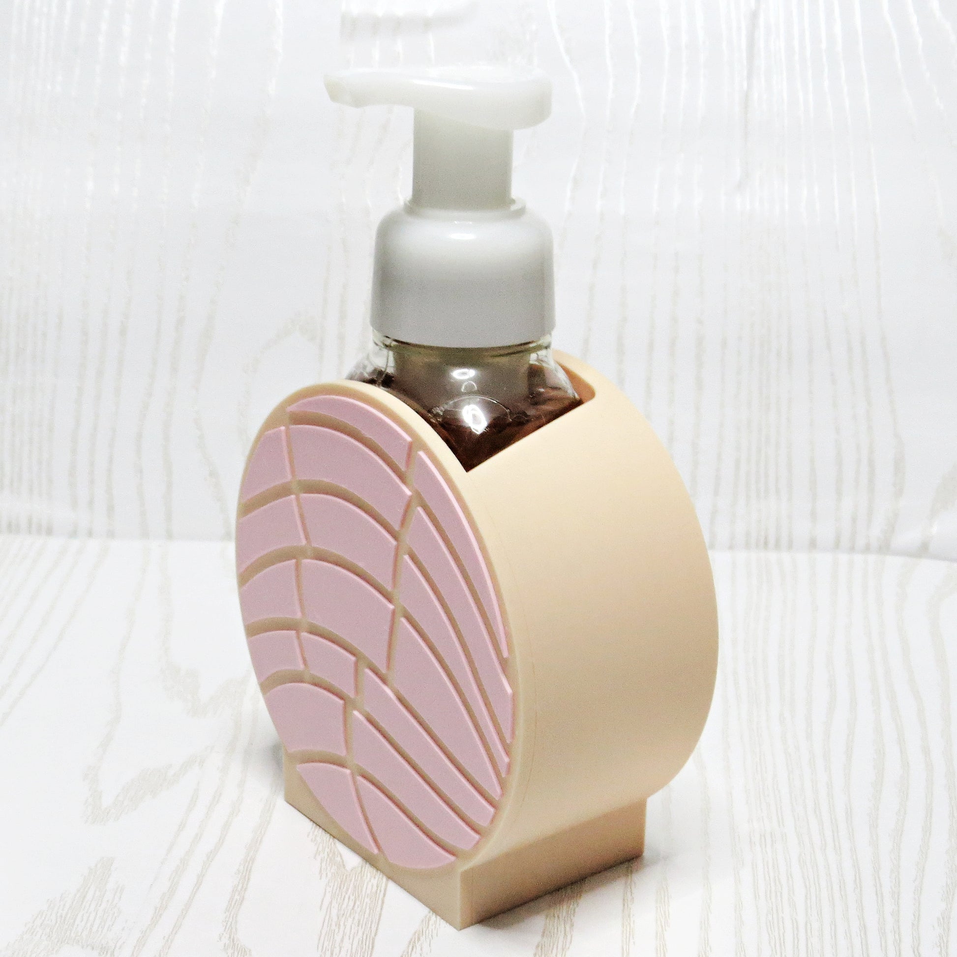 Pink Concha Foaming Soap Holder for Bath and Body Works - Pan Dulce Sink Decor - top view showing pump opening