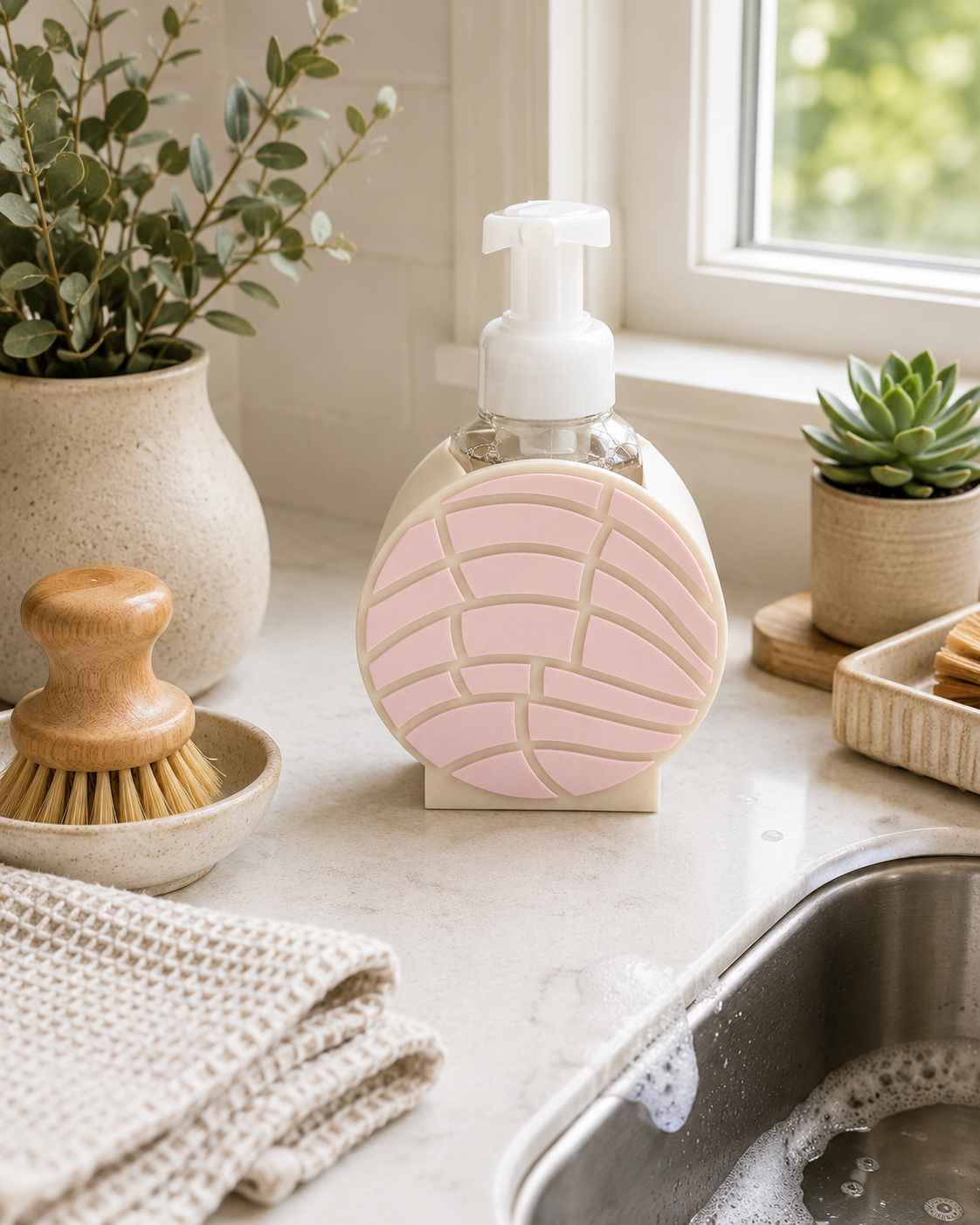 Pink Concha Foaming Soap Holder for Bath and Body Works - Pan Dulce Sink Decor - side angle showing product shape