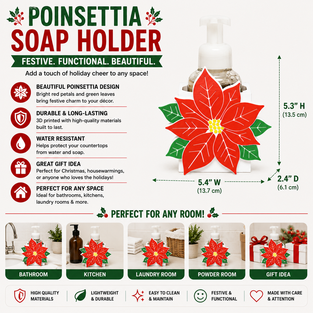 Poinsettia Soap Holder – 3D Printed Christmas Floral Holiday Bathroom Decor – BBW Compatible