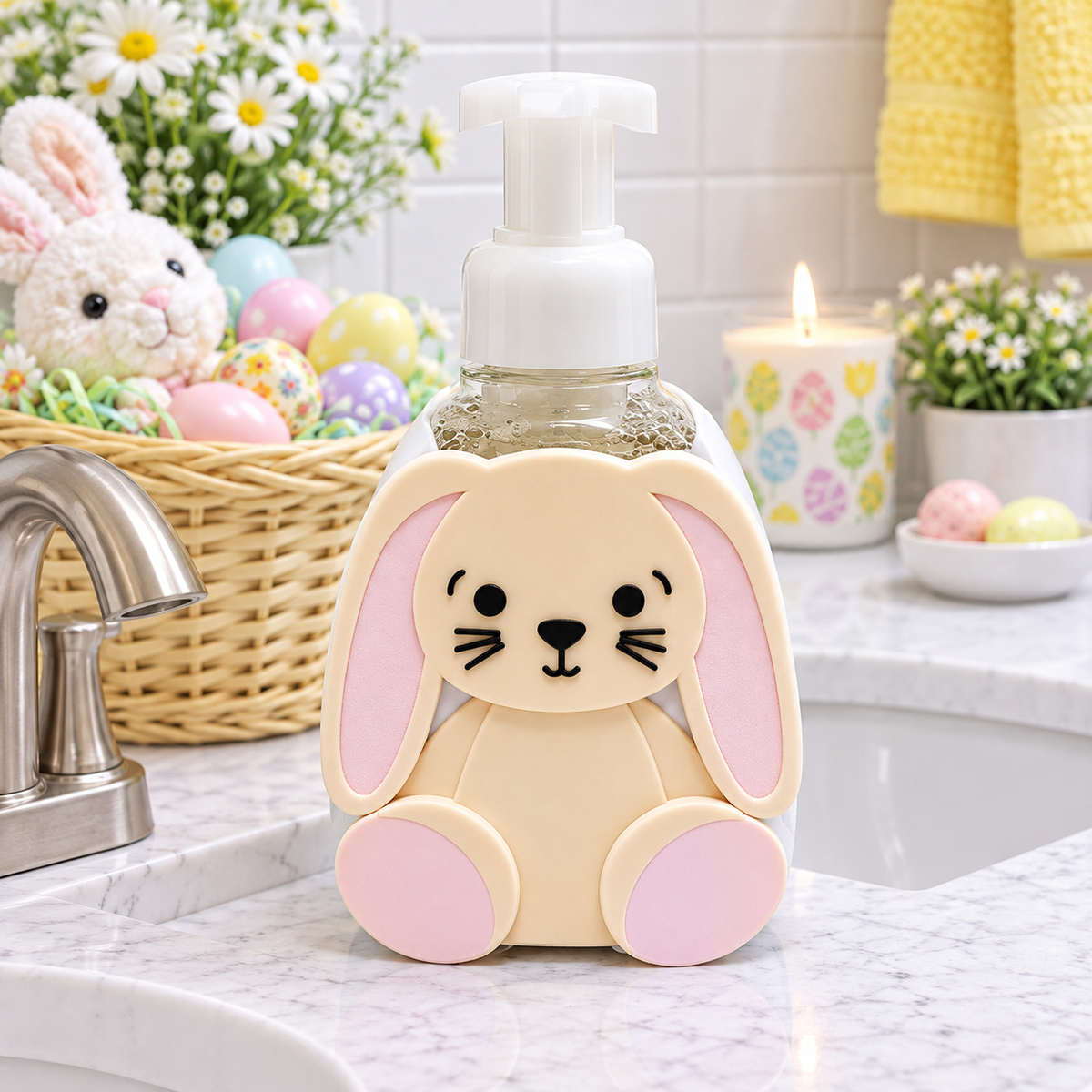 Cute Easter Bunny Foaming Soap Holder – Pastel Spring Bathroom Decor – 3D Printed Rabbit Sink Accessory