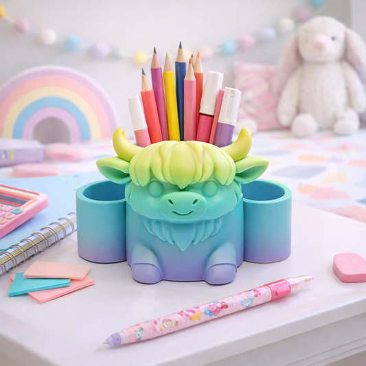 Pastel 3d printed highland cow desk organizer holding pencils and markers on a kids desk with colorful school supplies and soft pastel decor