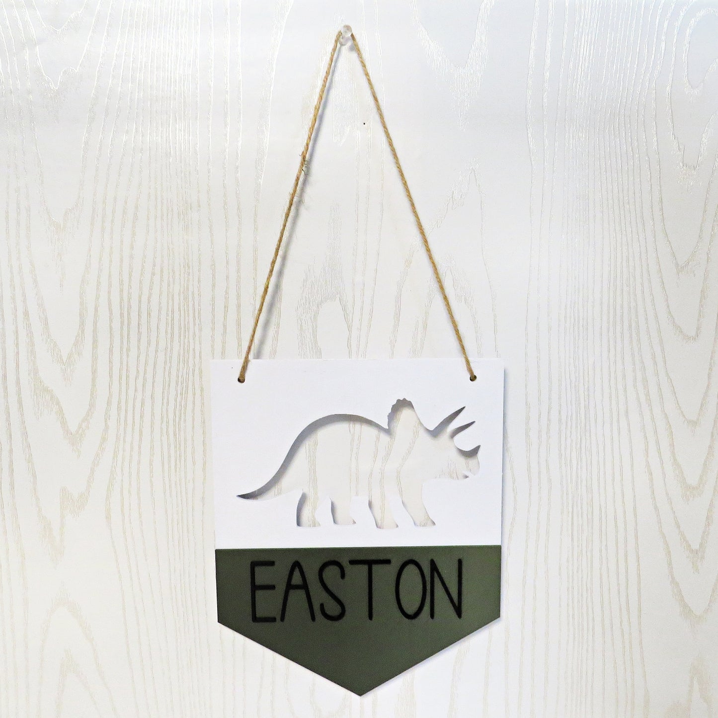 Personalized Dinosaur Name Sign — Custom Triceratops Pendant for Boys Room or Nursery