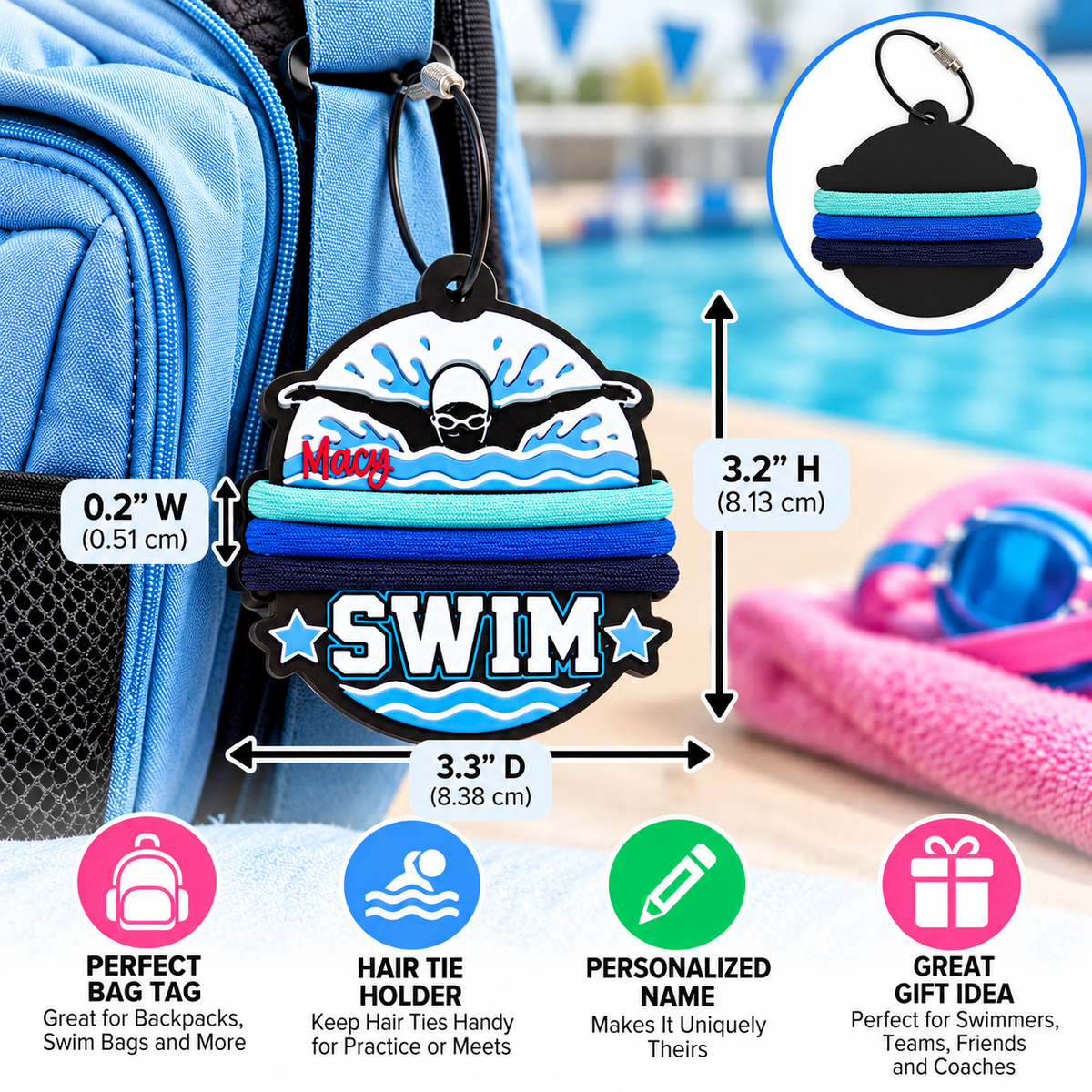 Personalized Swim Bag Tag with Hair Tie Holder — Custom Name Swimmer Keychain for Swim Team