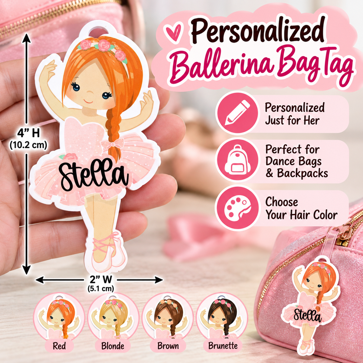 Ballerina Ballet Bag Tag Personalized with Name - Young Dancer Bag Name Tag - Pointe Keychain Ballerina Shoes - Blond Red Black Brown Brunette Hair