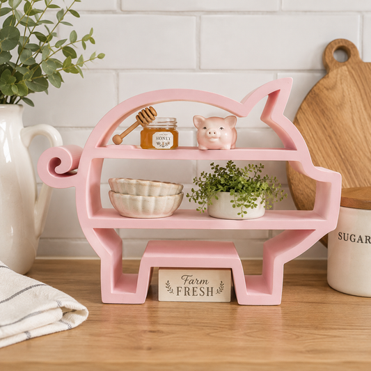 pink-3d-printed-pig-silhouette-two-tier-open-shelf-curly-tail-four-legs-farmhouse-cottagecore-kids-girls-room-decor