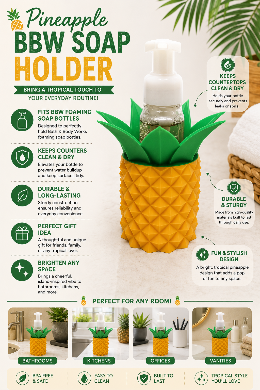 Pineapple Foaming Soap Bottle Holder – Cute 3D Printed Gold Pineapple with Diamond Texture and Green Leaf Crown – Bath and Body Works Foaming Soap Dispenser Stand – Tropical Beach Summer Bathroom Kitchen Counter Decor – Pineapple Lover Coastal Gift
