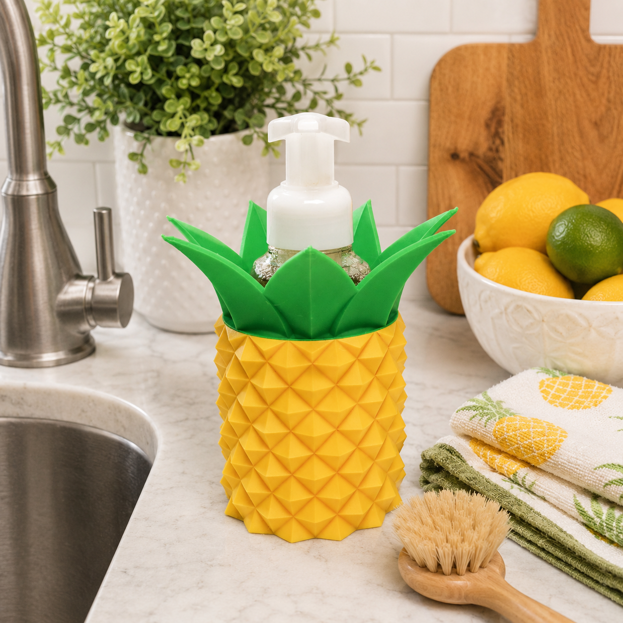 Pineapple Foaming Soap Bottle Holder – Cute 3D Printed Gold Pineapple with Diamond Texture and Green Leaf Crown – Bath and Body Works Foaming Soap Dispenser Stand – Tropical Beach Summer Bathroom Kitchen Counter Decor – Pineapple Lover Coastal Gift