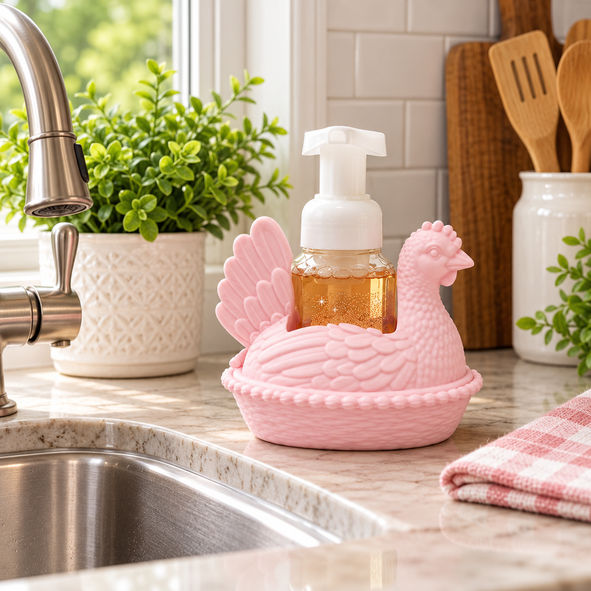 Hen on Nest Foaming Soap Holder – Farmhouse Chicken Bathroom & Kitchen Decor - You Choose Color