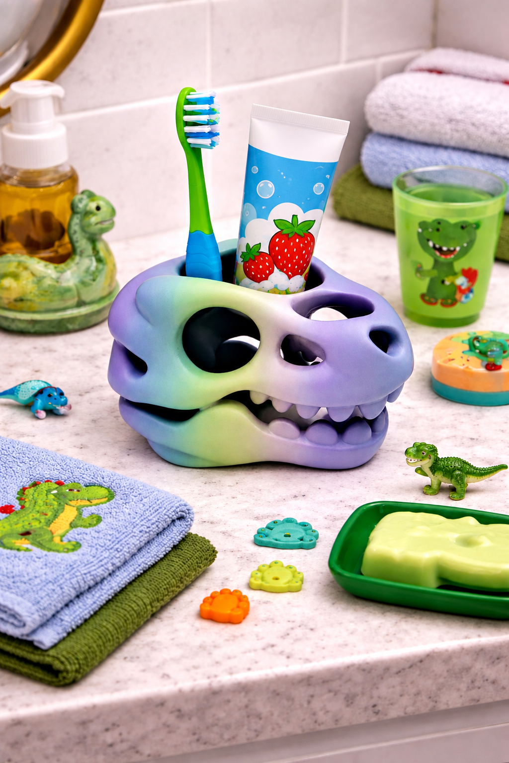 Dinosaur Skull Toothbrush & Toothpaste Holder – Fun Kids Bathroom Organizer