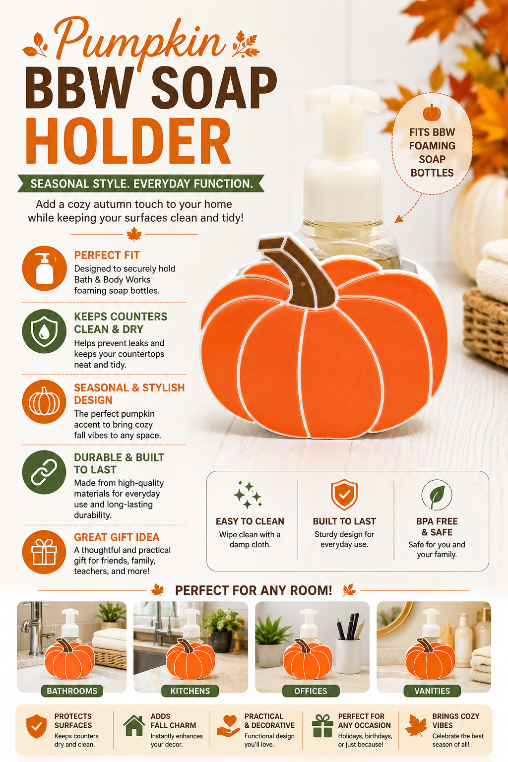Pumpkin Foaming Soap Bottle Holder – Cute 3D Printed Orange Pumpkin with Ribbed Segments – Bath and Body Works Foaming Soap Dispenser Stand – Fall Halloween Thanksgiving Bathroom Kitchen Counter Decor – Autumn Pumpkin Seasonal Gift