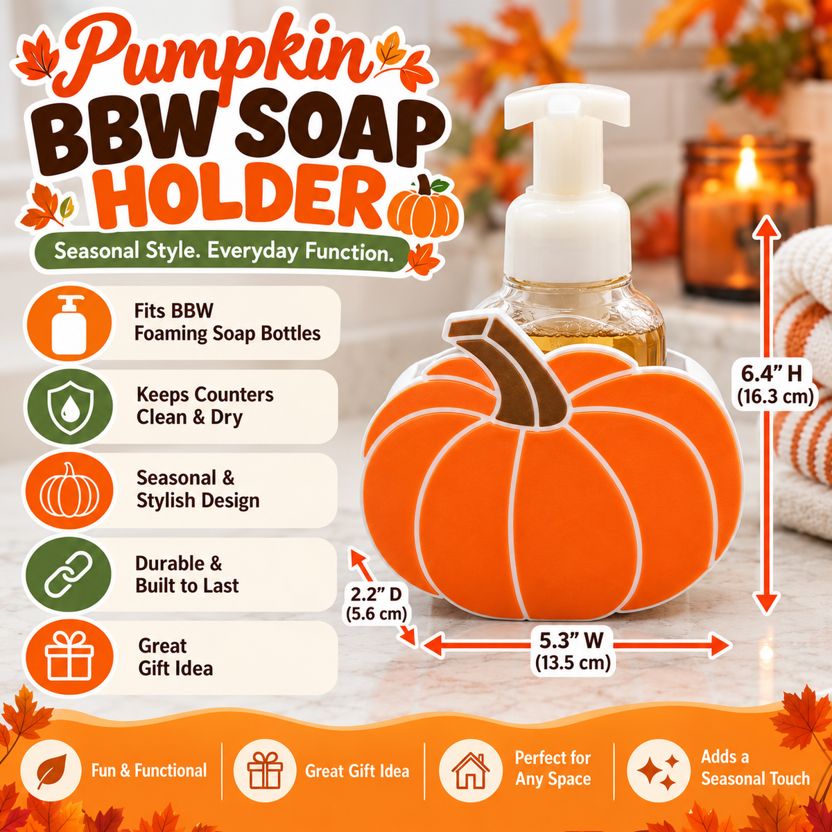 Pumpkin Foaming Soap Bottle Holder – Cute 3D Printed Orange Pumpkin with Ribbed Segments – Bath and Body Works Foaming Soap Dispenser Stand – Fall Halloween Thanksgiving Bathroom Kitchen Counter Decor – Autumn Pumpkin Seasonal Gift