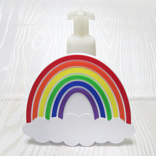 3d-printed-six-color-rainbow-foaming-soap-holder-red-orange-yellow-green-blue-purple-white-scalloped-cloud-base-bathroom-decor