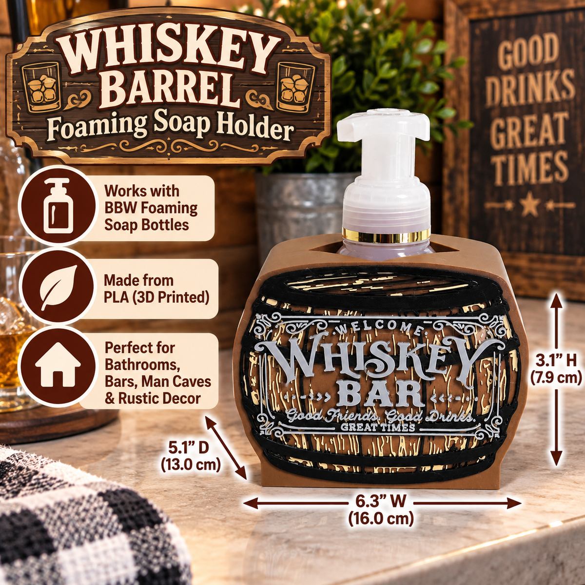 Whiskey Barrel Foaming Soap Holder — Rustic Bar Decor for BBW Bottles