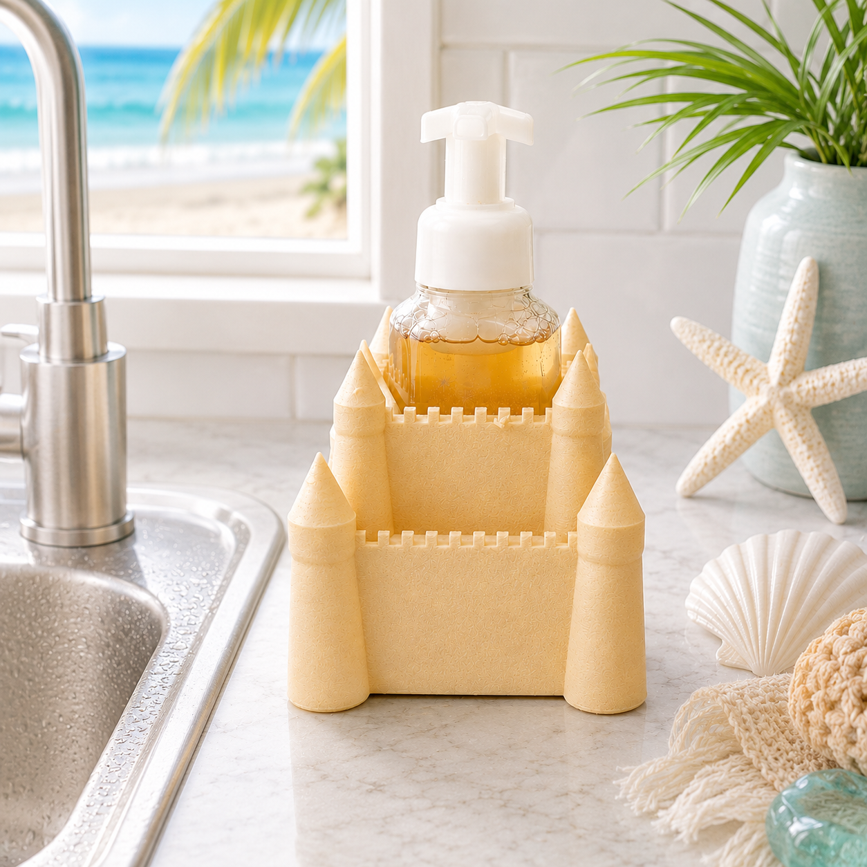 Sandcastle Foaming Soap Bottle Holder – Cute 3D Printed Beach Castle – Bath and Body Works Foaming Soap Dispenser Stand – Coastal Nautical Bathroom Decor – Beach Lover Ocean Theme Gift
