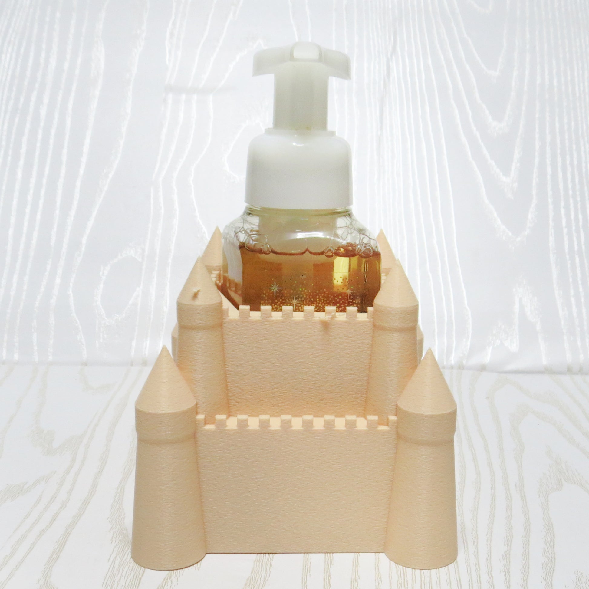 beige-3d-printed-sandcastle-foaming-soap-bottle-holder-tower-battlements-beach-coastal-bathroom-decor