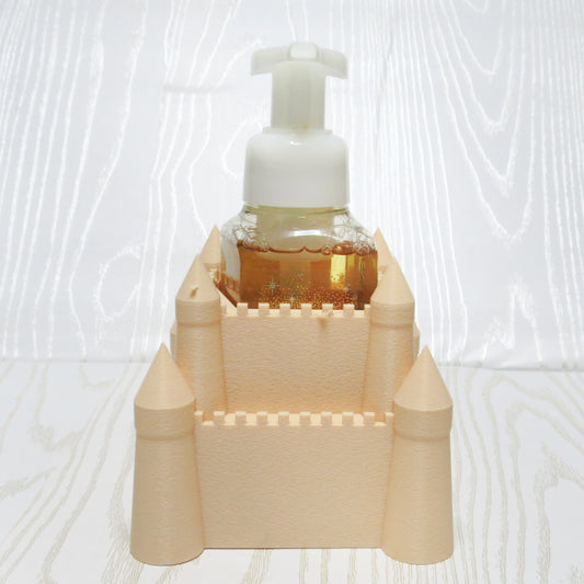 beige-3d-printed-sandcastle-foaming-soap-bottle-holder-tower-battlements-beach-coastal-bathroom-decor
