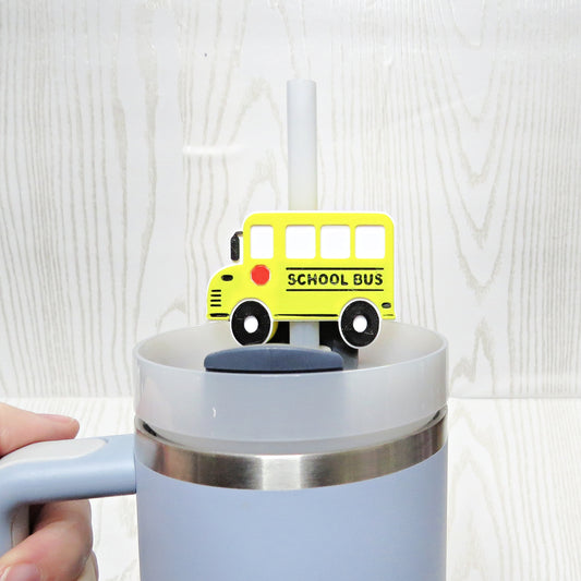 School bus straw topper yellow silicone back to school tumbler accessory teacher gift