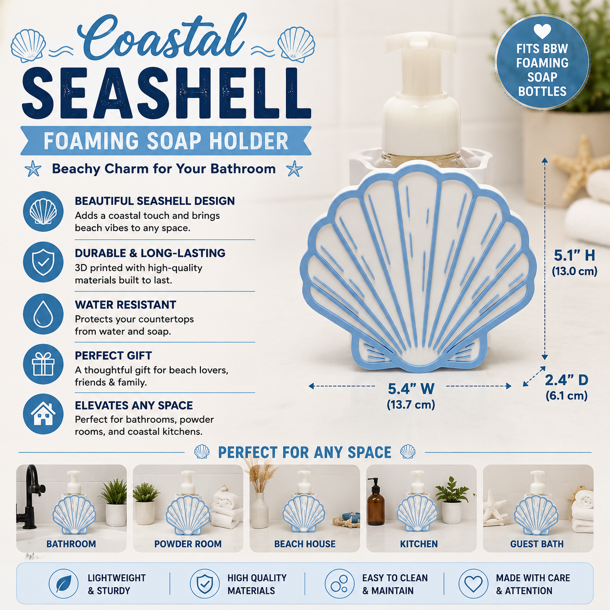 Seashell Foaming Soap Holder - Coastal Beach Bathroom Decor - Nautical Countertop Organizer for Ocean Inspired Kitchen and Bath Accessories