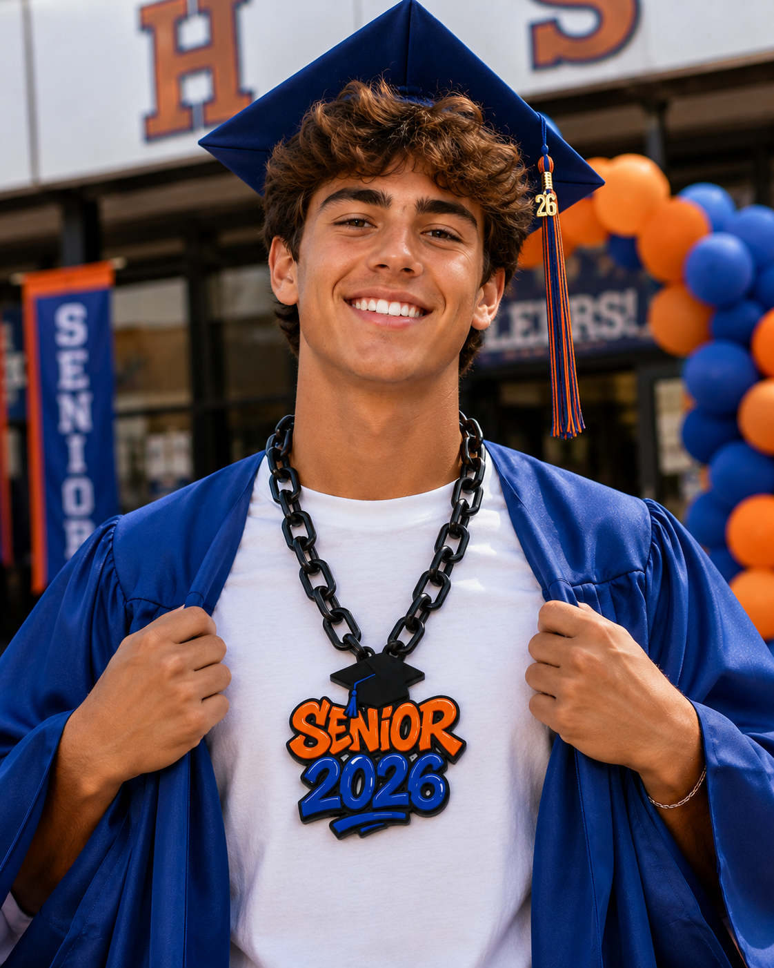 Senior 2026 Hype Chain - Custom School Color Spirit Necklace - flat lay on white background