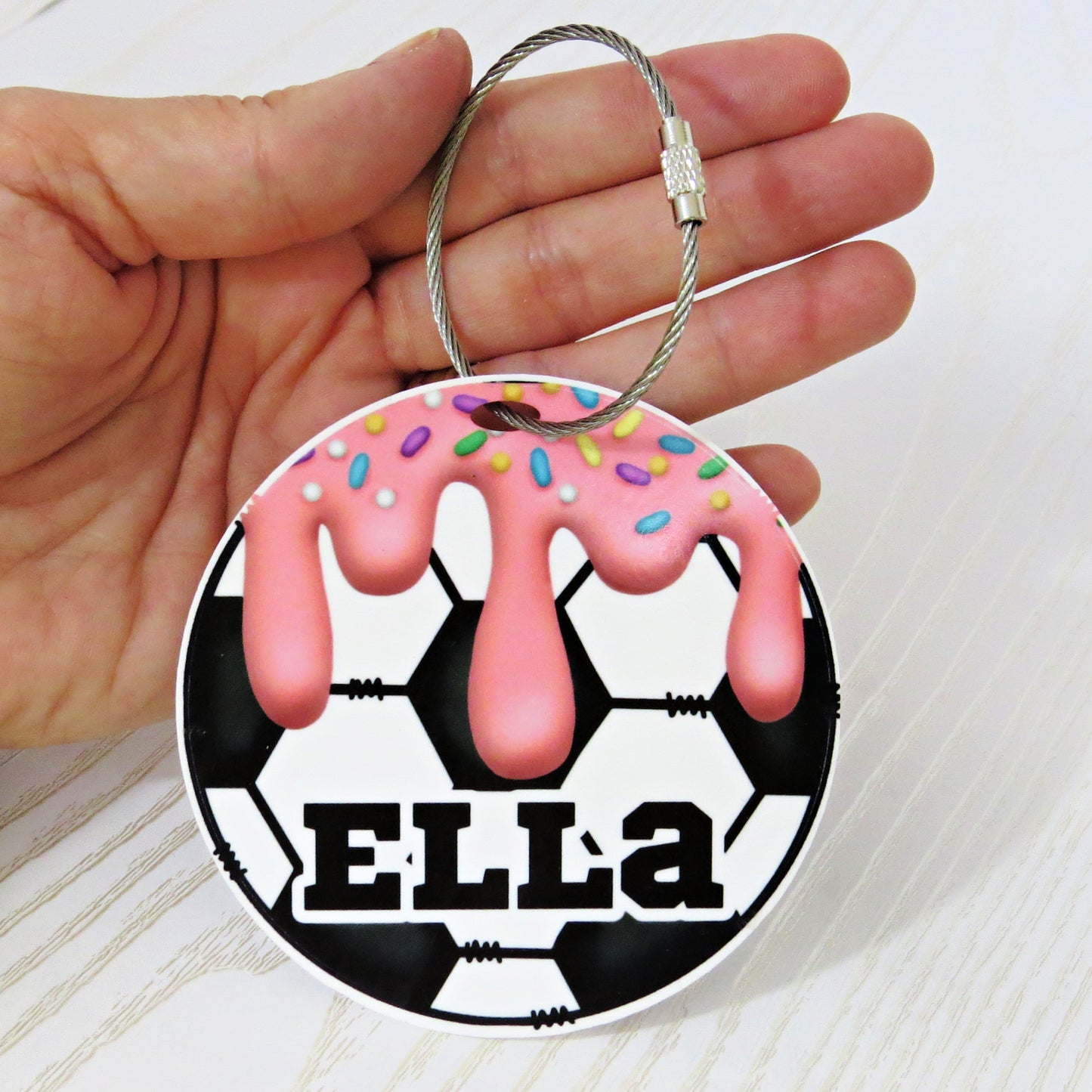 Personalized Soccer Drip Bag Tag with Name for Backpack Sports Bag - Custom Kids Ice Cream with Sprinkles Drip Acrylic ID
