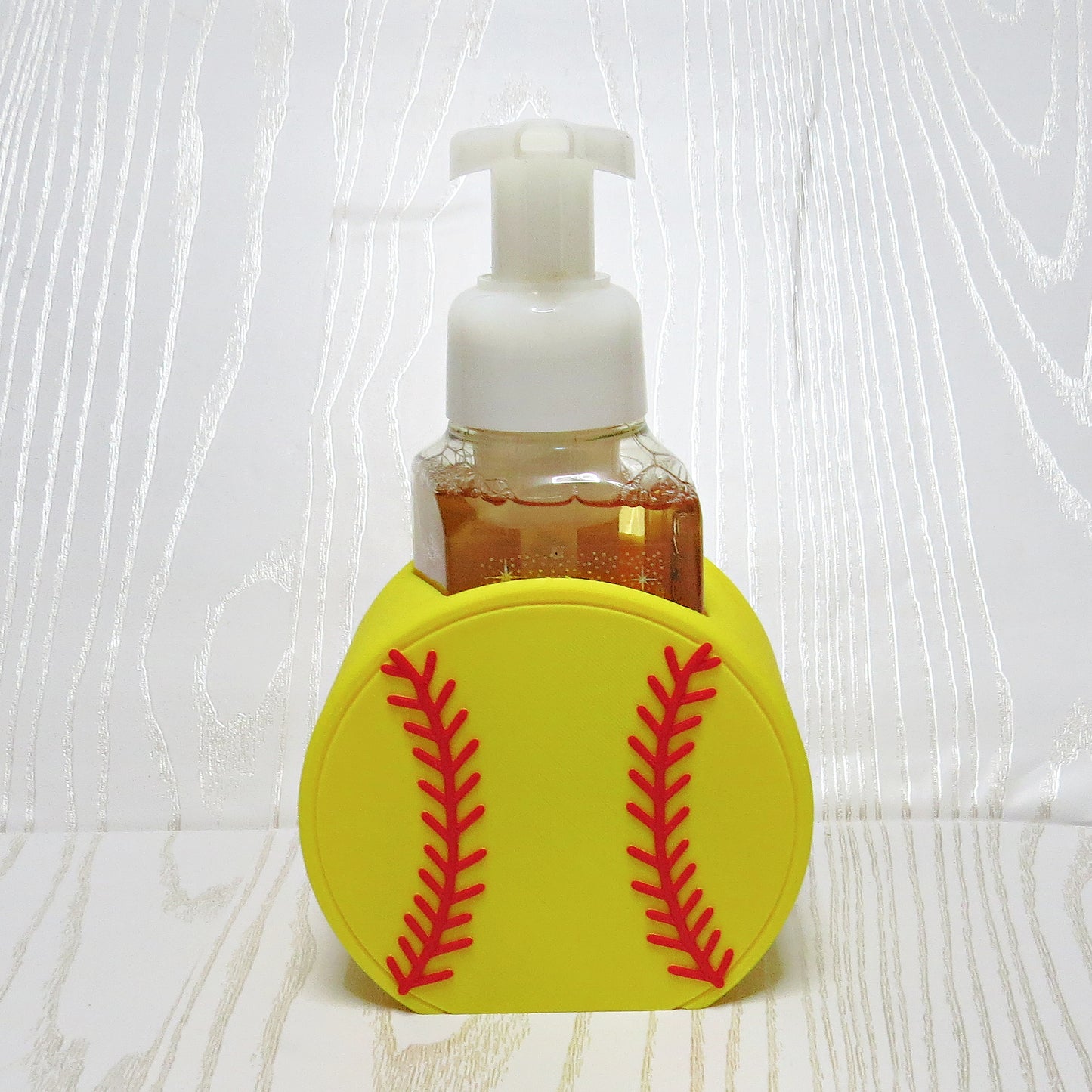 yellow-3d-printed-softball-red-stitch-foaming-soap-holder-sports-fan-bathroom-kitchen-decor