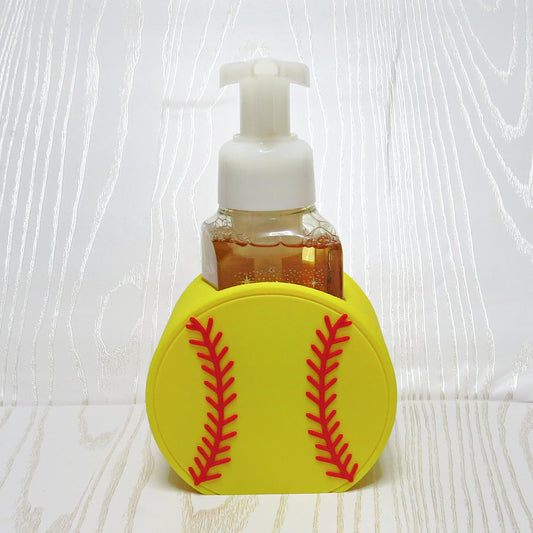 yellow-3d-printed-softball-red-stitch-foaming-soap-holder-sports-fan-bathroom-kitchen-decor