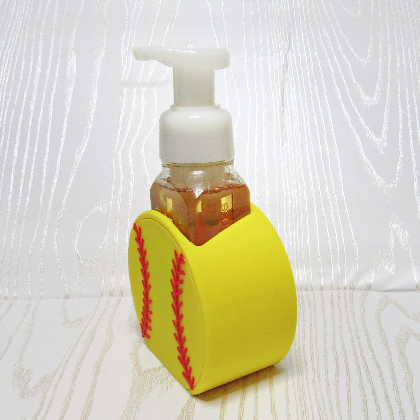 Softball Foaming Soap Bottle Holder – Cute 3D Printed Yellow Softball with Red Stitching – Bath and Body Works Foaming Soap Dispenser Stand – Sports Fan Bathroom Kitchen Counter Decor – Softball Player Mom Coach Gift