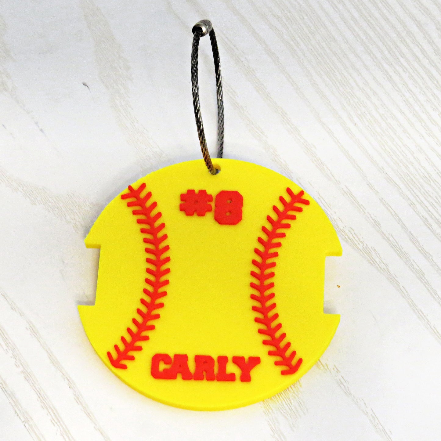 Personalized Softball Bag Tag with Hair Tie Holder — Custom Name & Number Keychain