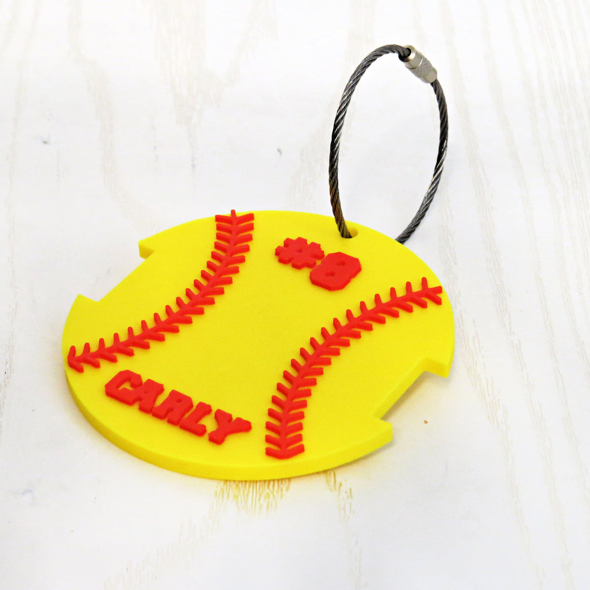 Personalized Softball Bag Tag with Hair Tie Holder — Custom Name & Number Keychain