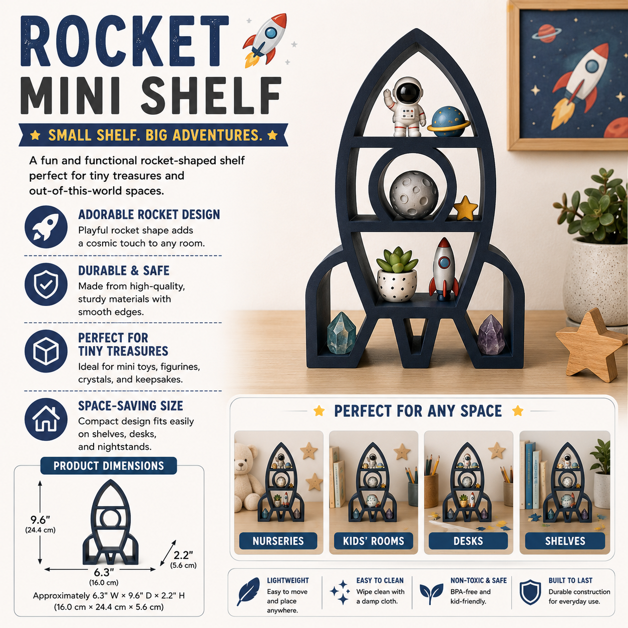 Rocket Ship Shelf – 3D Printed Matte Black Rocket Silhouette with Three Open Shelf Tiers – Freestanding Space Theme Kids Room Bedroom Trinket Organizer – Space Lover Astronaut STEM Gift