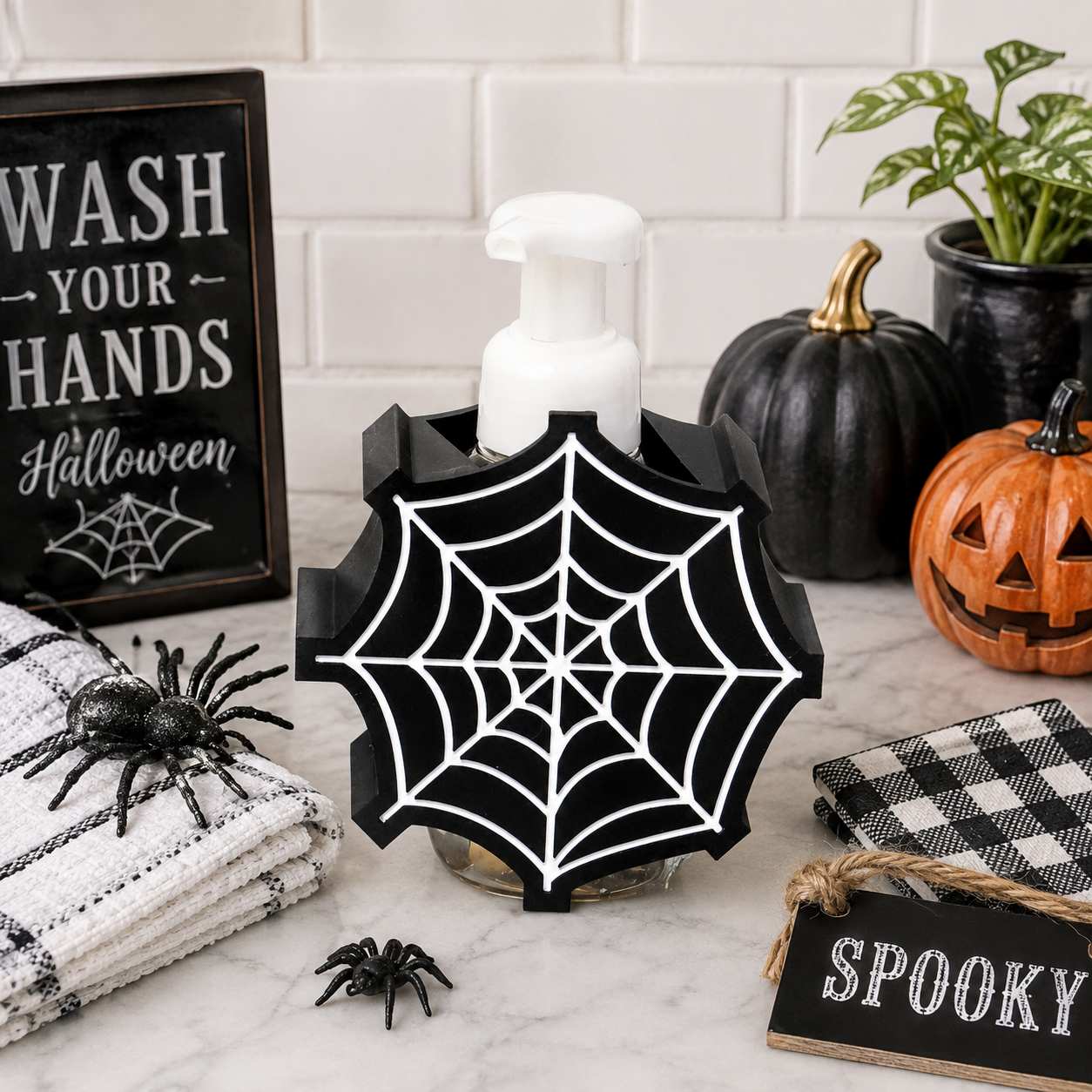 Spider Web Foaming Soap Holder – 3D Printed Halloween Gothic Bathroom Decor – BBW Compatible