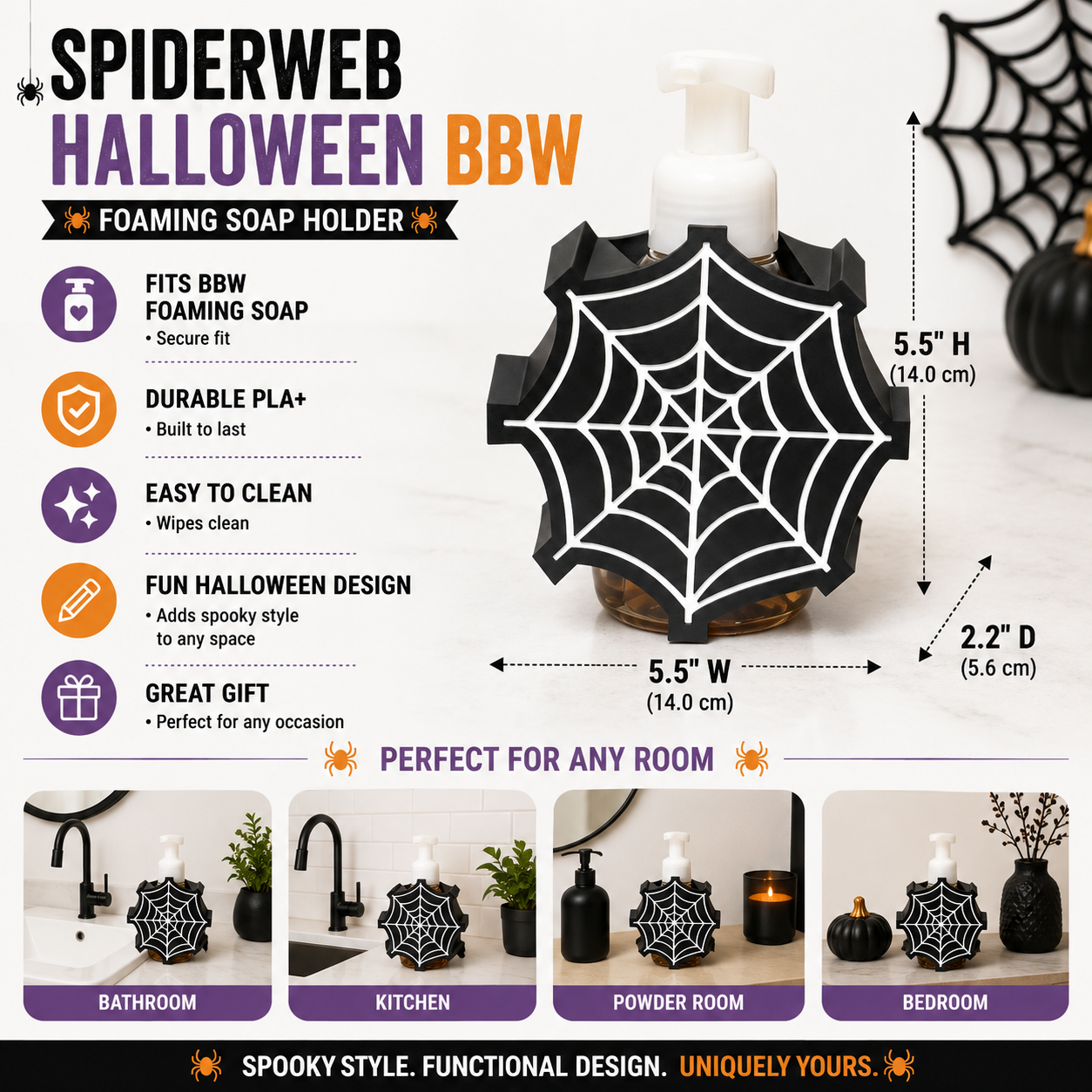 Spider Web Foaming Soap Holder – 3D Printed Halloween Gothic Bathroom Decor – BBW Compatible