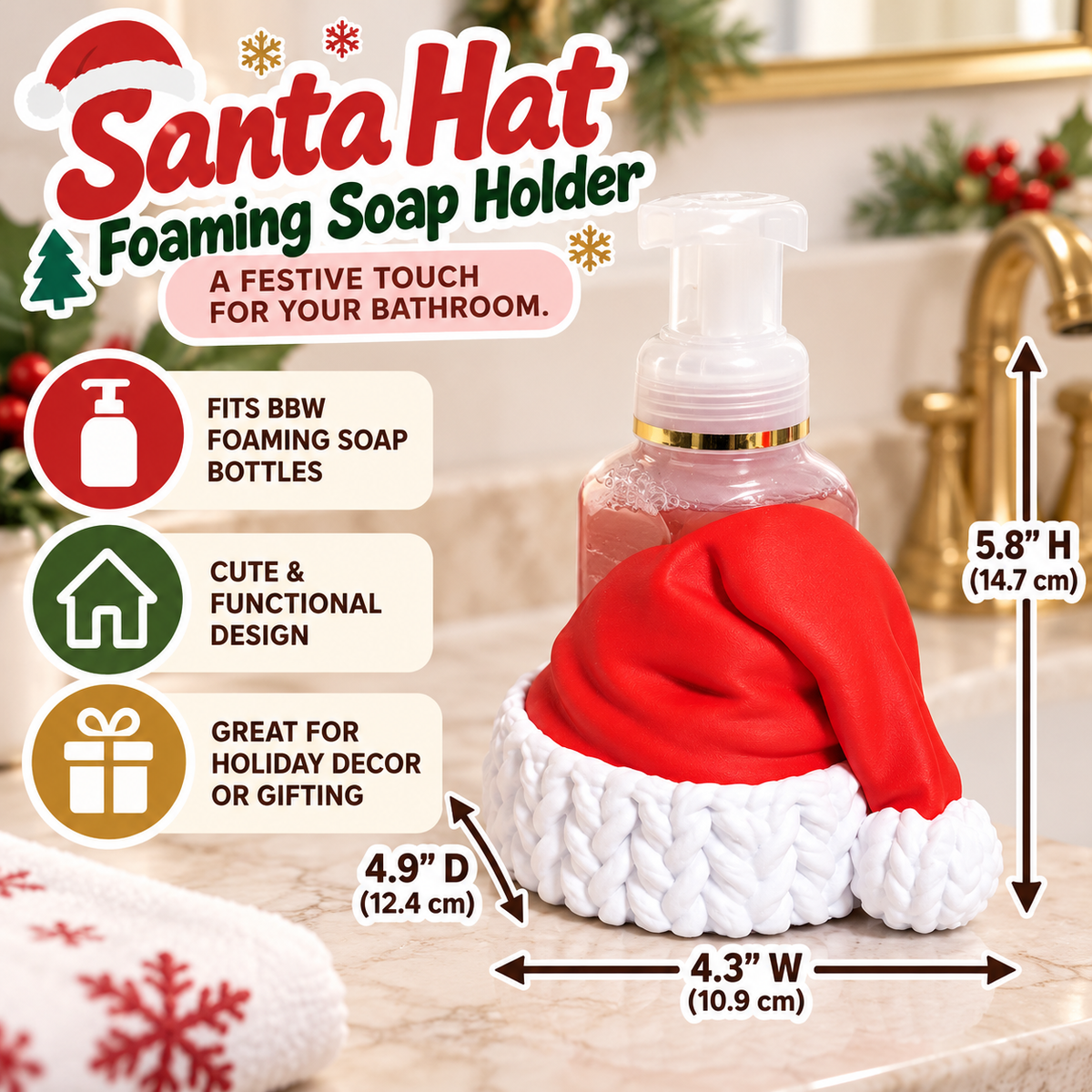 Santa Hat Foaming Soap Holder — Bath and Body Works Compatible Christmas Bathroom Decor Stand