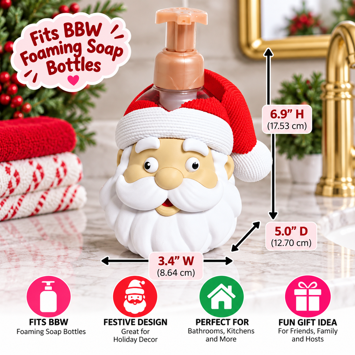 Santa Head Foaming Soap Holder — Bath and Body Works Compatible Christmas Bathroom Decor Stand