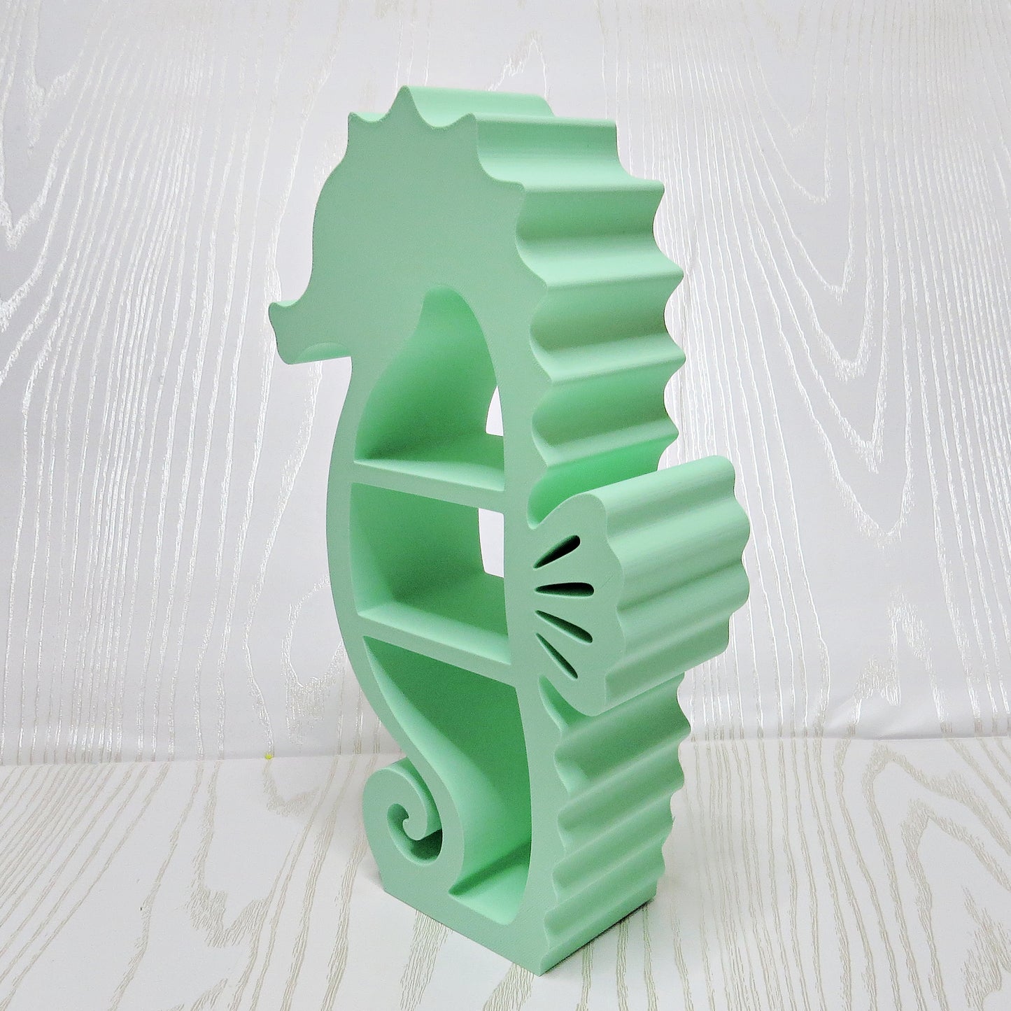 Seahorse Mini Shelf – 3D Printed Mint Green Seahorse Silhouette with Three Open Shelves – Freestanding Coastal Ocean Trinket Display Stand – Beach Bathroom Bedroom Office Decor – Seahorse Lover Nautical Gift