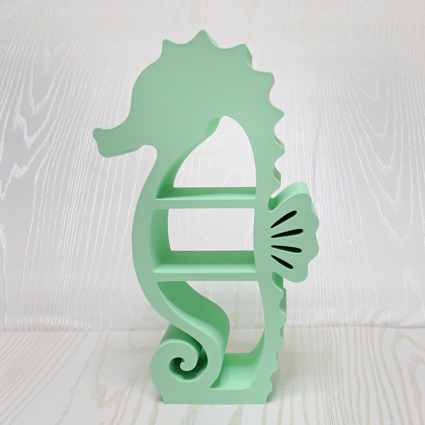 Seahorse Mini Shelf – 3D Printed Mint Green Seahorse Silhouette with Three Open Shelves – Freestanding Coastal Ocean Trinket Display Stand – Beach Bathroom Bedroom Office Decor – Seahorse Lover Nautical Gift