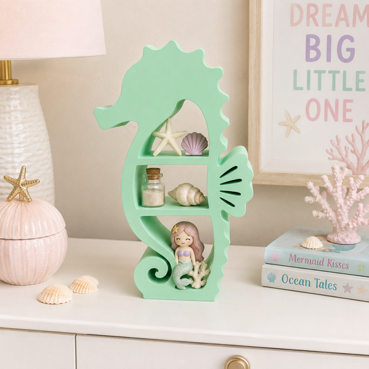 mint-green-3d-printed-seahorse-silhouette-three-tier-open-shelf-fan-fin-curled-tail-coastal-ocean-decor