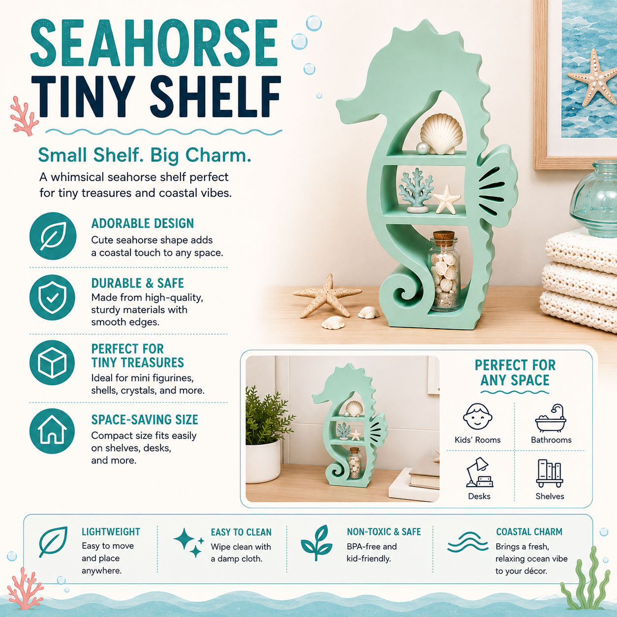 Seahorse Mini Shelf – 3D Printed Mint Green Seahorse Silhouette with Three Open Shelves – Freestanding Coastal Ocean Trinket Display Stand – Beach Bathroom Bedroom Office Decor – Seahorse Lover Nautical Gift