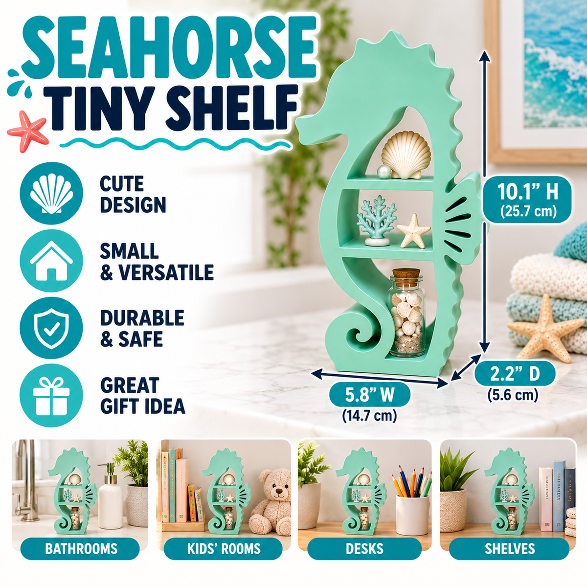 Seahorse Mini Shelf – 3D Printed Mint Green Seahorse Silhouette with Three Open Shelves – Freestanding Coastal Ocean Trinket Display Stand – Beach Bathroom Bedroom Office Decor – Seahorse Lover Nautical Gift