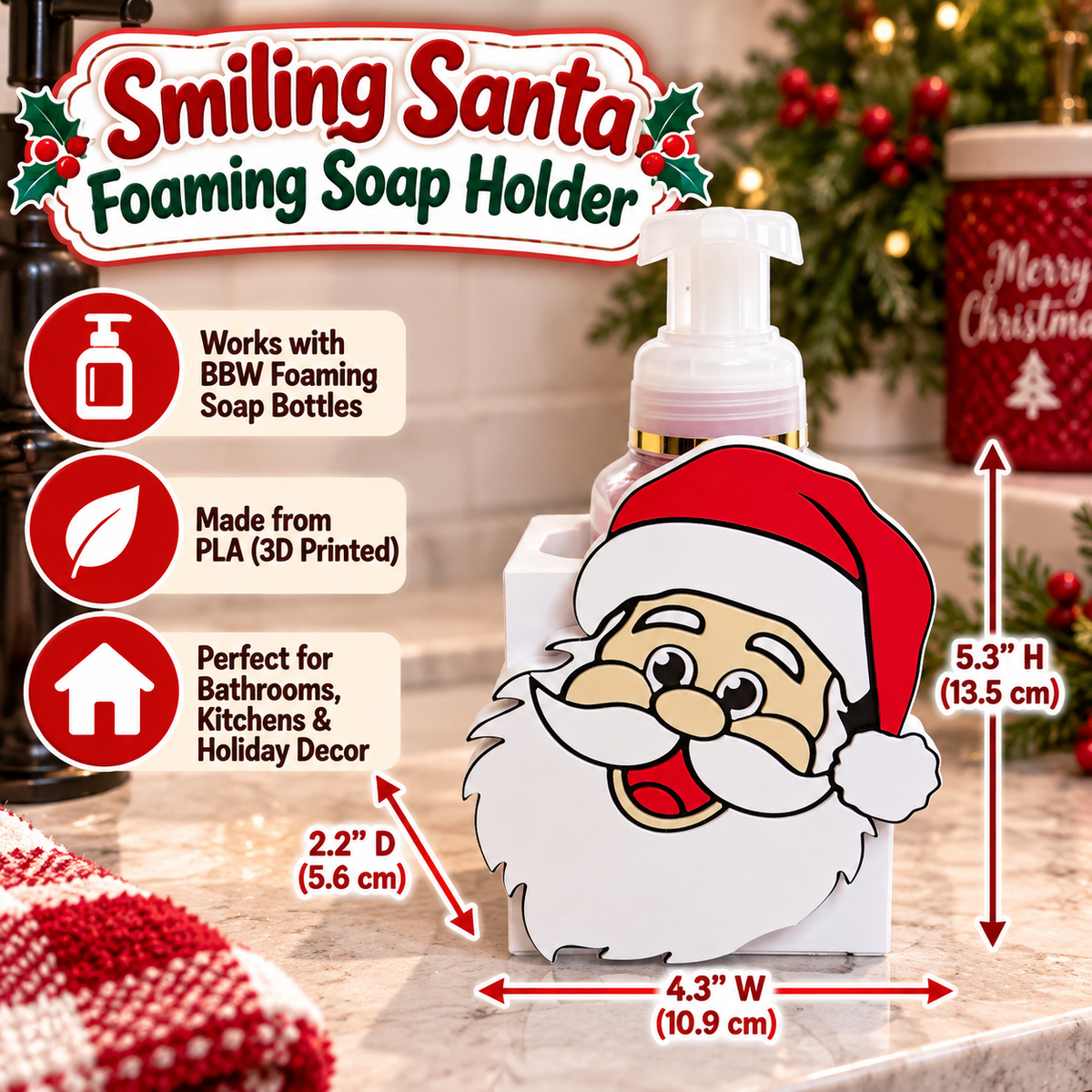 Smiling Santa Foaming Soap Holder — Christmas Bathroom Decor for BBW Bottles