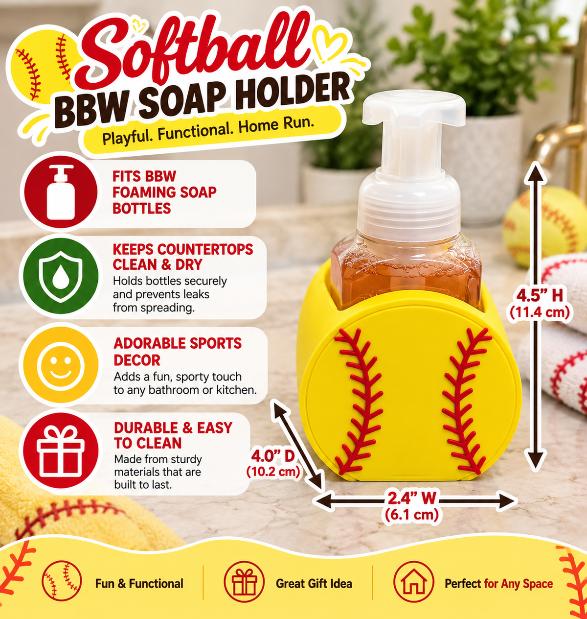Softball Foaming Soap Bottle Holder – Cute 3D Printed Yellow Softball with Red Stitching – Bath and Body Works Foaming Soap Dispenser Stand – Sports Fan Bathroom Kitchen Counter Decor – Softball Player Mom Coach Gift
