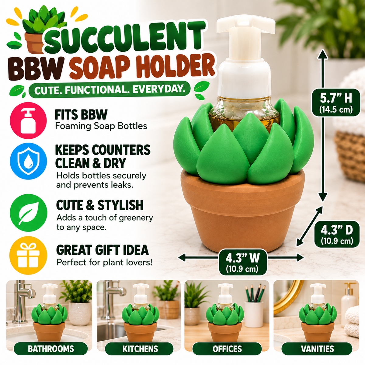 Succulent Soap Holder for BBW Foaming Soap | Faux Plant Bathroom Counter Decor