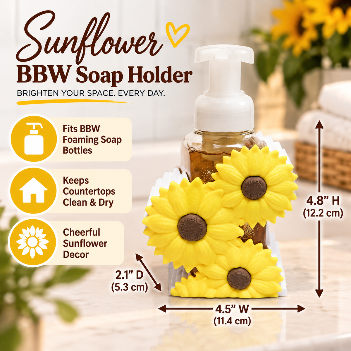 Sunflower Foaming Soap Holder – Farmhouse Bathroom & Kitchen Counter Decor