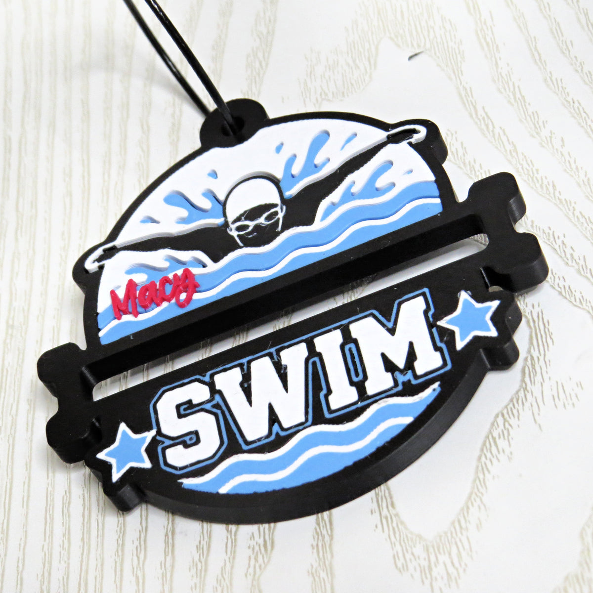 Personalized Swim Bag Tag with Hair Tie Holder — Custom Name Swimmer Keychain for Swim Team