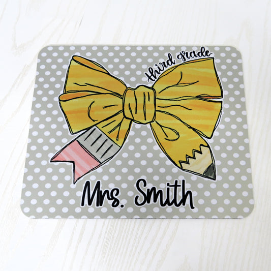 Personalized Mouse Pad Teacher Gift - Polka Dot Pencil Bow Mousepad Appreciation Thank you Present - Custom End of School Year