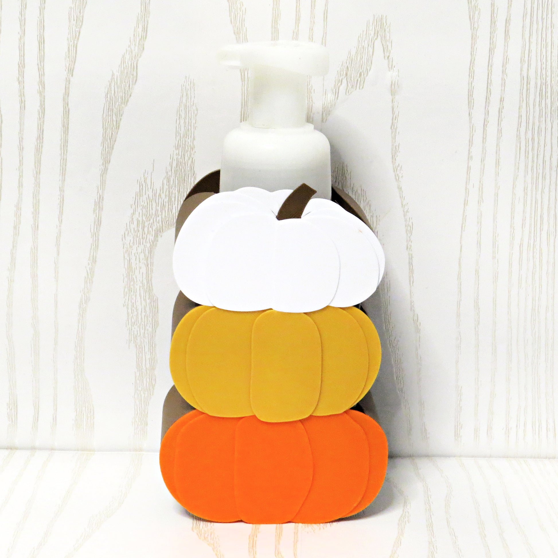 white-yellow-orange-3d-printed-stacked-pumpkins-foaming-soap-holder-ribbed-segments-brown-stems-fall-halloween-bathroom-decor