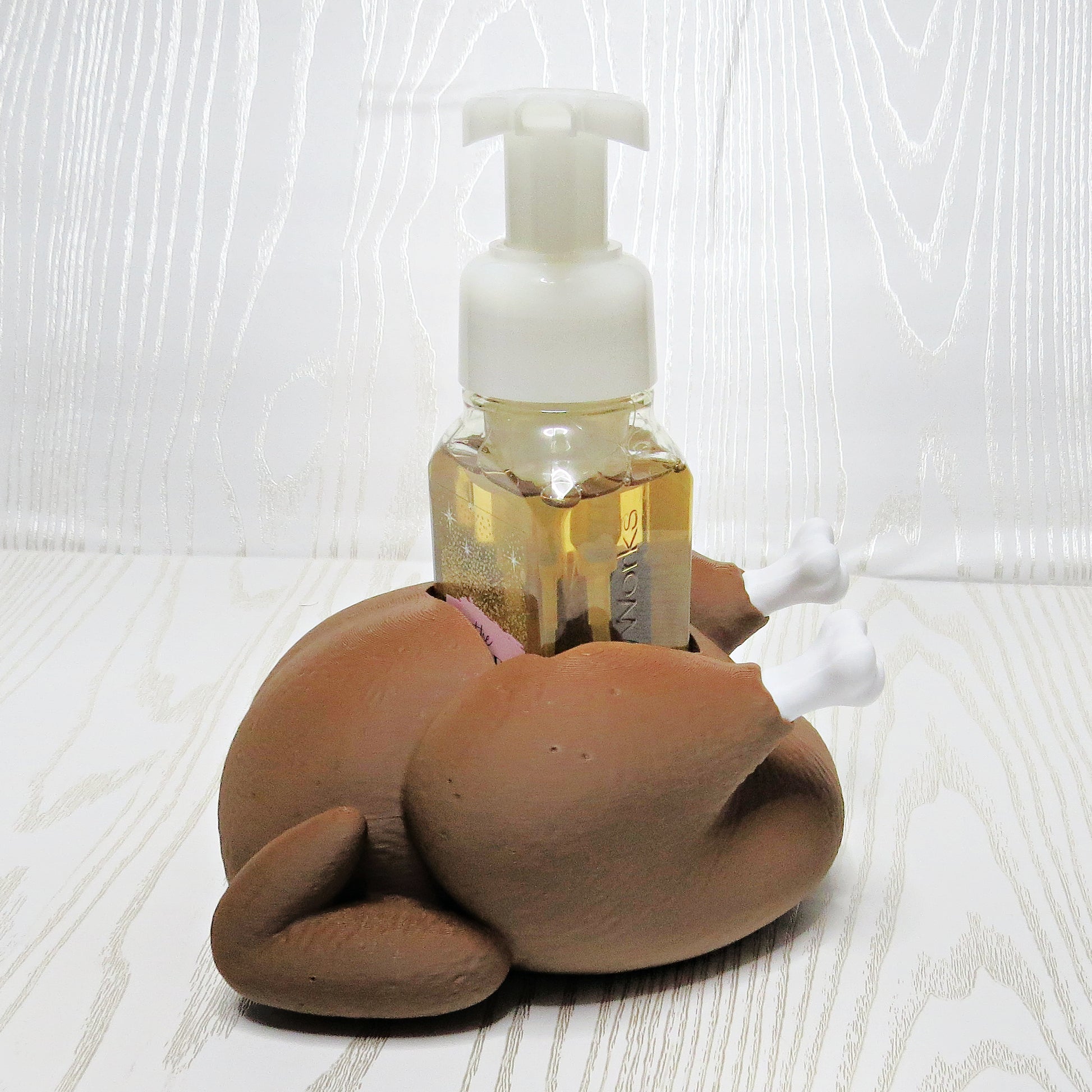 Thanksgiving Turkey Foaming Soap Holder - Fall Kitchen & Bathroom Decor - lifestyle with soap bottle inserted
