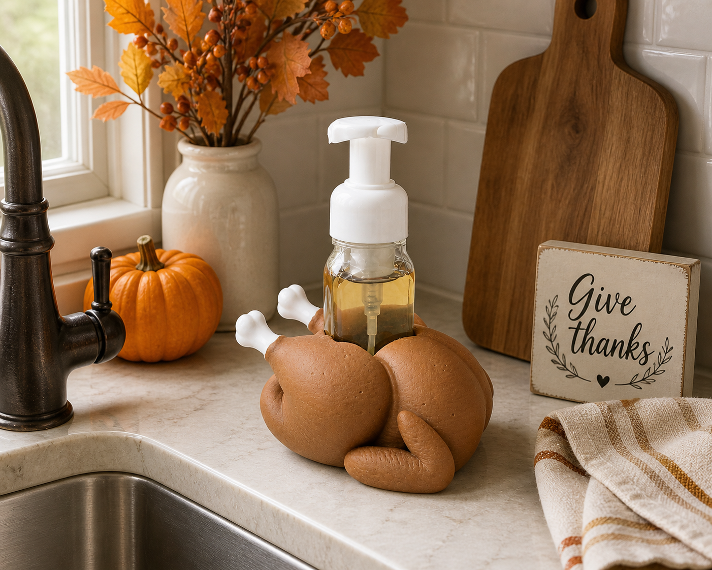 Thanksgiving Turkey Foaming Soap Holder - Fall Kitchen & Bathroom Decor - side angle showing product shape